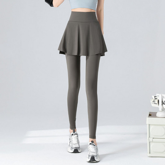 FANSYLI 여성 피트니스 바지 하이웨스트 요가 바지 스판 슬림가짜 투피스 레깅스 슬림 통기 러닝 치마바지 XR2601J08