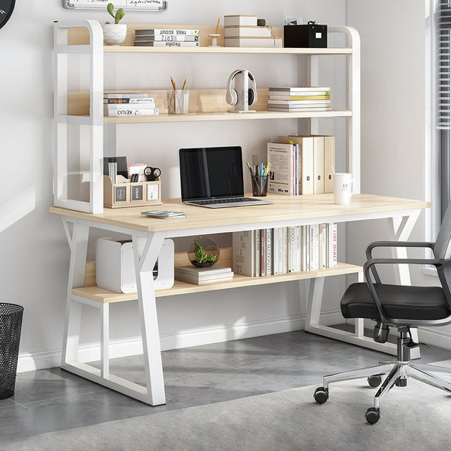 FONOW 컴퓨터책상 컴퓨터 책상 가정용 침실 간이 책장 일체형 책상, 목색