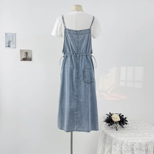 CHILL 韓系吊帶牛仔 女生寬鬆休閒 背帶裙學生氣質日系穿搭, 洋裝-淺藍