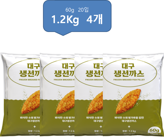 펀쿡 대구 순살 생선까스 (60g X 20미) 흰살생선 생선 튀김, 1.2kg, 4개