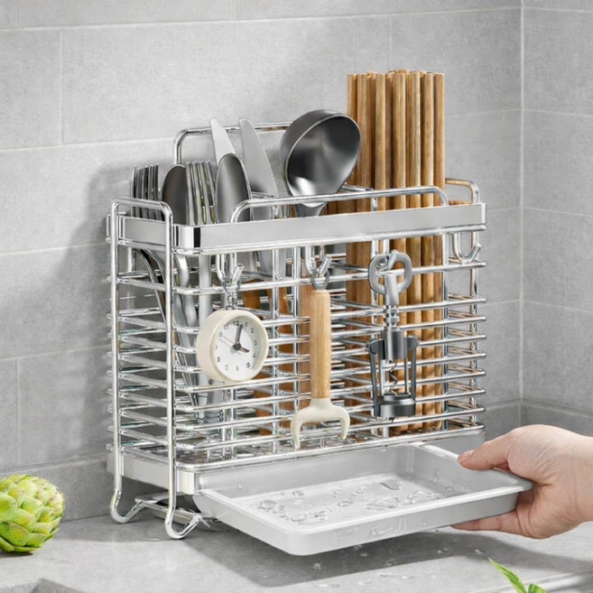 테르오 물고임 없는 스테인리스 물빠짐 수저통, 1개, 실버