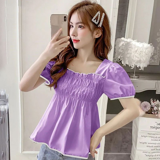 ROYALBELLE 여성 스퀘어넥 쇼트 핏 퍼프소매 셔링 밴딩 슬림핏 셔링 캐주얼 반팔 티셔츠G0052302