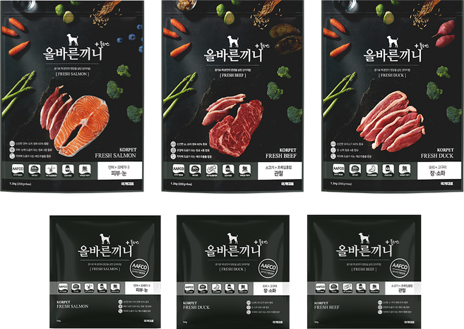 올바른끼니 플러스 - 소고기 + 연어 + 오리 3.6kg 대용량 강아지사료 _ 60%생육 100%휴먼그레이드 스팀공법 영양식 강아지밥, 1세트, 3.75kg, 소+연어