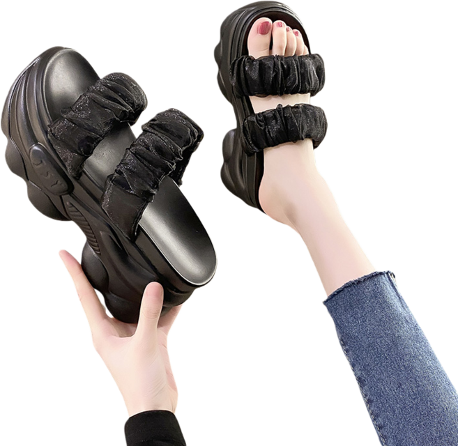 Makone 여성 통굽 스트링 스트랩 8cm 통굽 슬리퍼 미용실 학원 학교 실내화