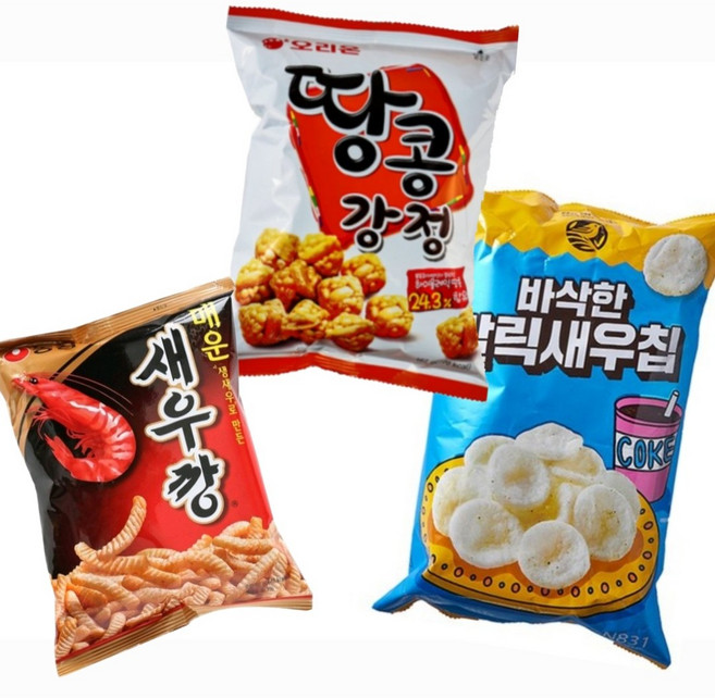 (맛있는 과자) 갈릭 새우칩 +땅콩강정 +매운 새우깡 /바삭한/고소한/생새우로 만든/추억의 맛/봉지과자/옛날과자), 167g