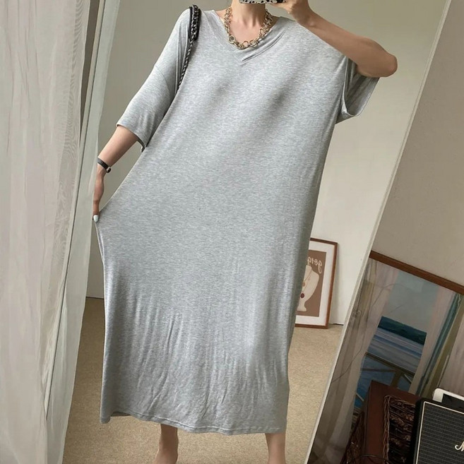 빅걸스토리 여성 빅사이즈 실키 여름 이지웨어 브이 롱원피스