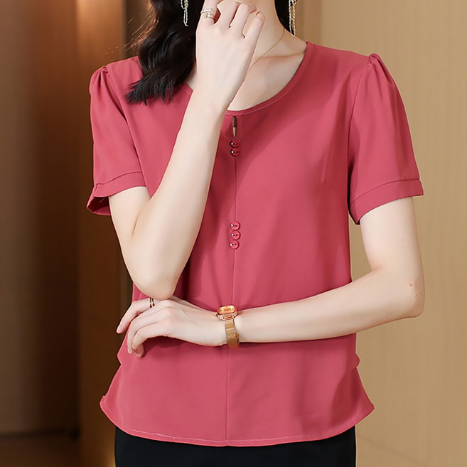 로르카 여성 라운드넥 버튼 장식 반팔 얇은 빅사이즈 루즈핏 캐주얼 중년 쉬폰 블라우스 R031824