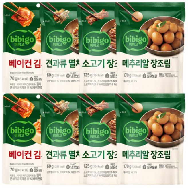 비비고 반찬(베이컨김치볶음2+견과류멸치조림2+소고기장조림2+메추리알장조림2), 1세트, 850g