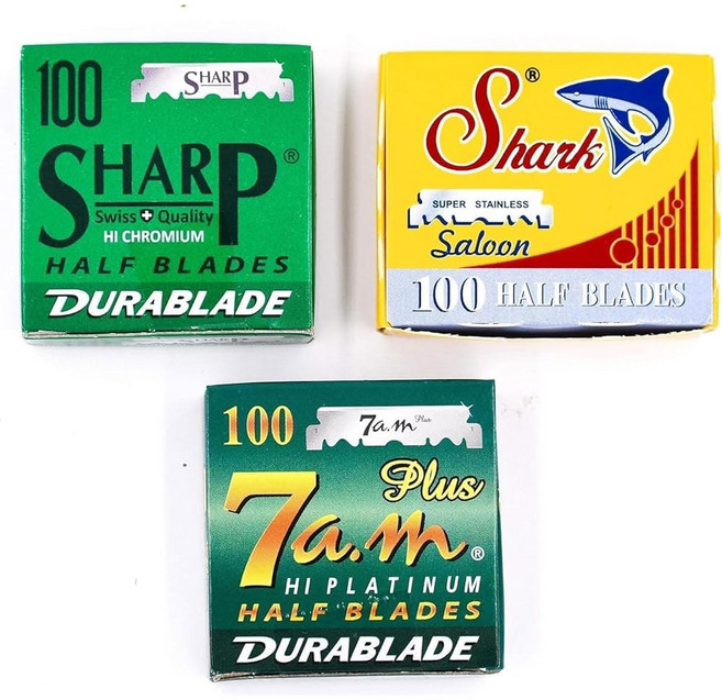 스트레이트 엣지 이발기 면도기/샤벳 면도기 블레이드 버라이어티 팩 - 300개의 샤크 샤프 및 전문가용 교체용 각 100개와 오전 7시 하프