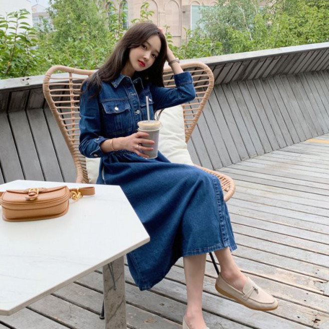 白鳥麗子 韓系街頭排扣收腰牛仔翻領連身裙洋裝, 深藍色,2XL