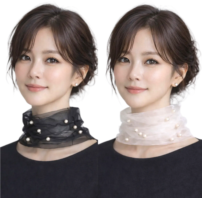 1+1 쉬폰스카프 멀티스카프 시스루 쁘띠 진주 메쉬 레이스 스카프 여성넥워머 목주름커버 목보호
