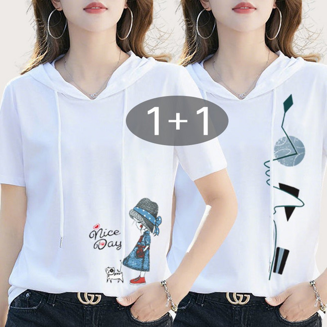 별하늘 1+1 여름 여성 루즈핏 맨투맨 캐주얼 데일리 후드 반팔 티셔츠 2P