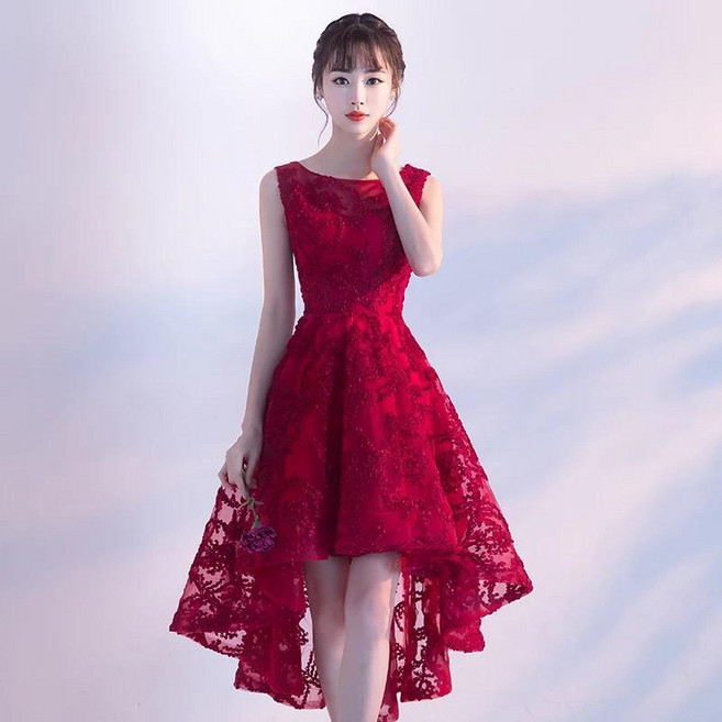 晚禮服女夏 新娘敬酒服結婚伴娘連衣裙, 酒紅色無袖,L