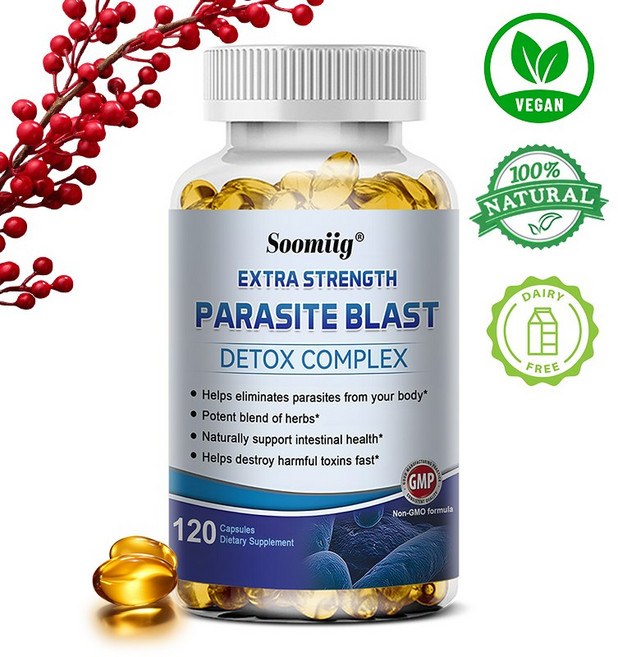 기생충 해독 - 장 건강 보조식품 소화기 건강 장 정화 및 해독 복부팽만감 및 가스 면역 완화, 60캡슐, 60정, 1개
