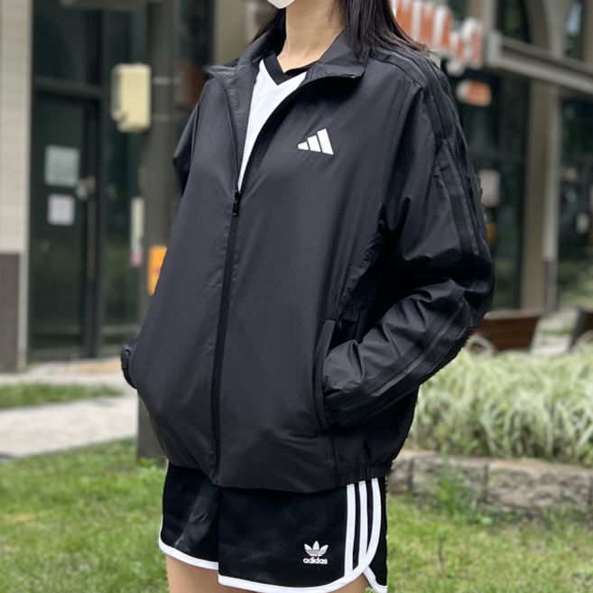 아디다스 3S 여성 우븐 바람막이 윈드러너 윈드브레이커 트레이닝 러닝 자켓 재킷 점퍼 블랙