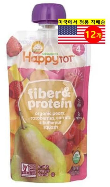 Happy Family Organics 24개월 이상 유아용 오가닉 과일 채소 섬유소 단백질 이유식 113g 6개, 12개 - 쿠팡
