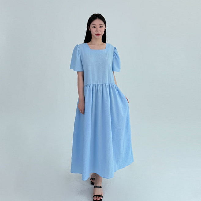 델라 링클 프리 시어서커 벌룬 소매 반팔 스퀘어넥 플레어 롱 원피스