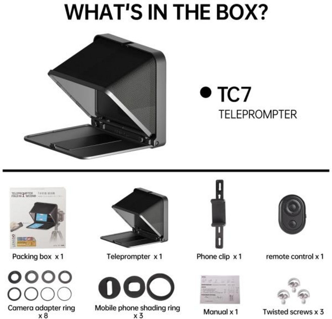 TC7 텔레프롬프터 휴대폰 카메라용 휴대용 프롬프터 라이브 인터뷰 비디오 7.9 인치 태블릿 아이패드 스마, Black standard