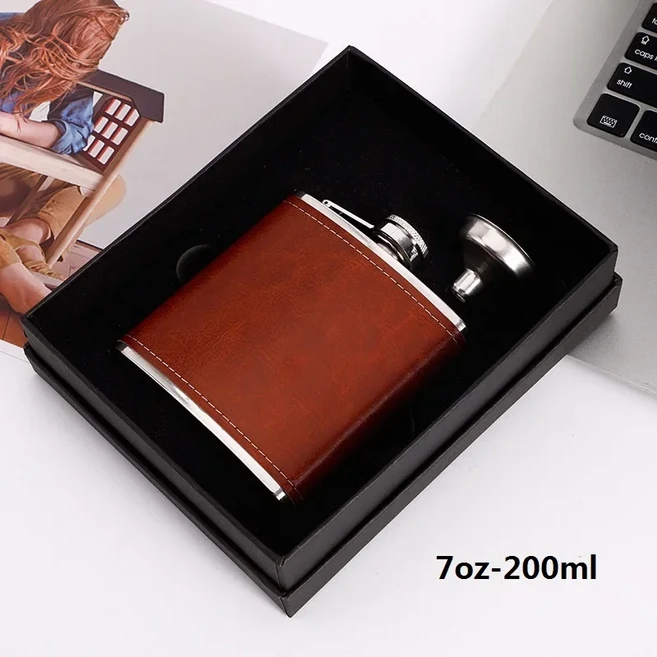 스테인레스 스틸 가죽 와인 힙 플라스크 세트 위스키 병 알코올 컵 주전자 깔때기 머그잔 여행 야외 선물, 1개, 05 7oz-200ml-B