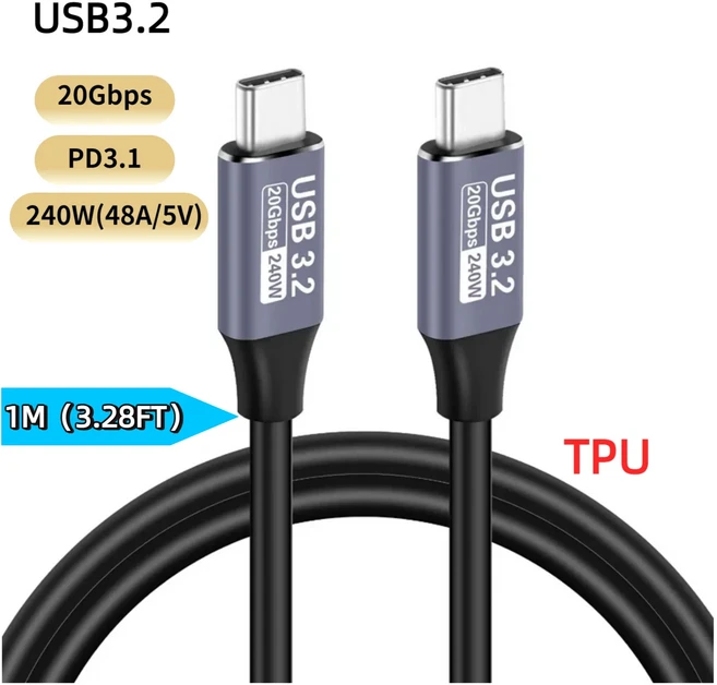 8K@60Hz 썬더볼트4 확장 케이블 40Gbps USB4 데이터 전송 케이블 Type-C PD240W 고속 충전 케이블 휴대폰, 01 빠른, 09 1074-1M M-M 20Gbps