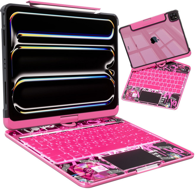 AITEWO 아이패드 키보드 케이스 일체형 360도 회전 다각도 조절 투명 케이스 트랙패드 펜슬수납 에어4/5/6/7/8세대10.9/11인치 프로1/2/3/4세대 12.9/13인치, 투명 핑크, 1개