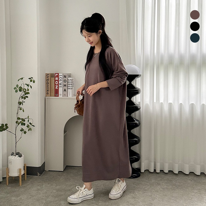 디테일웨어 여성 코라 박스 무지 플레어 긴팔 롱원피스 빅사이즈 임부복 구김없는 간절기 오버핏 원피스 데일리 홈웨어룩