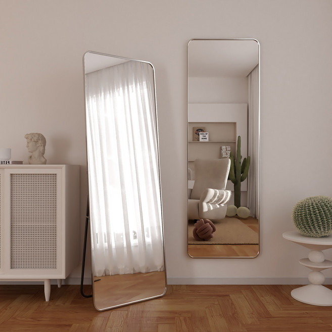 뷰티피크 라운드형 전신거울 3in1 스탠드 벽걸이 거치형 강화안전유리 380*1500, 실버