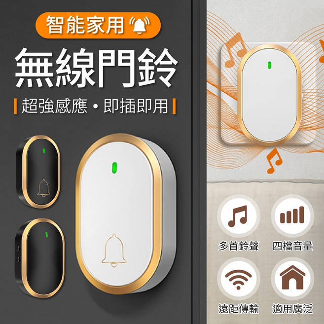 智能無線門鈴 遠程遙控 高清通話 無線安裝 智能家居安全防護, 單購響鈴-皓月黑