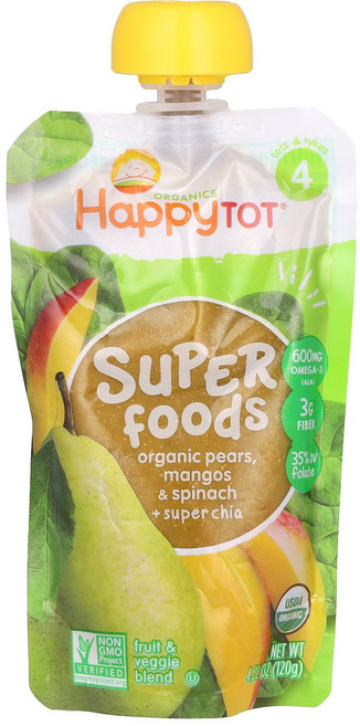 Happy Family Organics Happytot Superfoods 4단계 유기농 배 망고 및 시금치 + 슈퍼 치아 120g(4.22oz) Organics (
