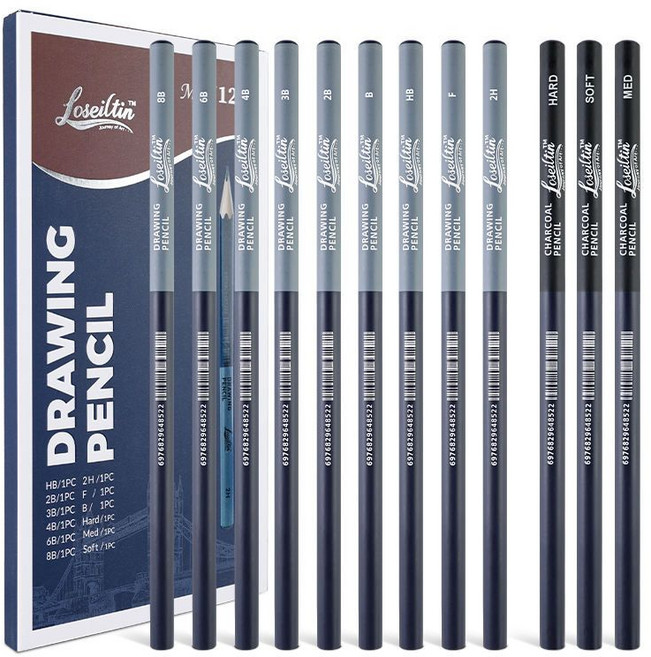HB 문화사 전문가용 미술용 스케치 연필9p+차콜연필3p 8B 6B 4B 3B 2B B HB F 2H SOFT MED HARD, 1세트