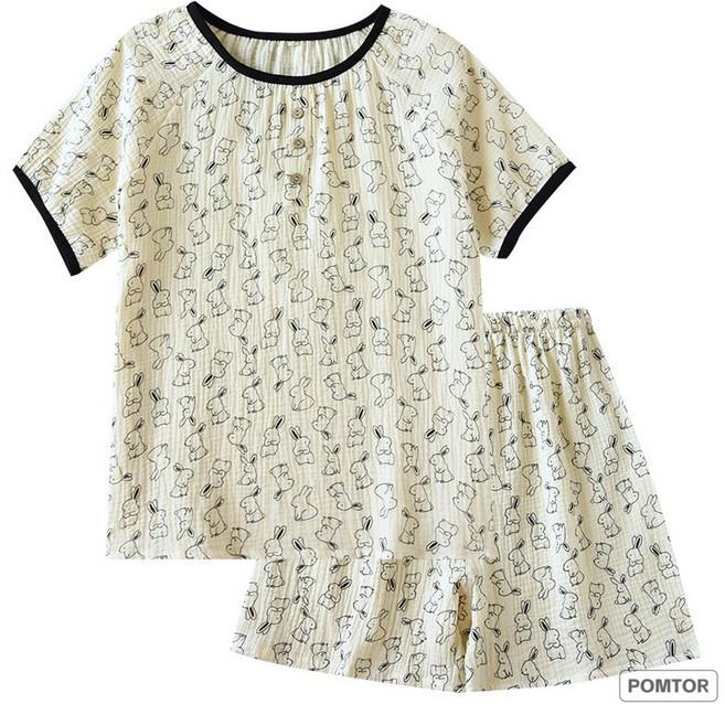 POMTOR 여성 여름 린넨 파자마 상하의 세트