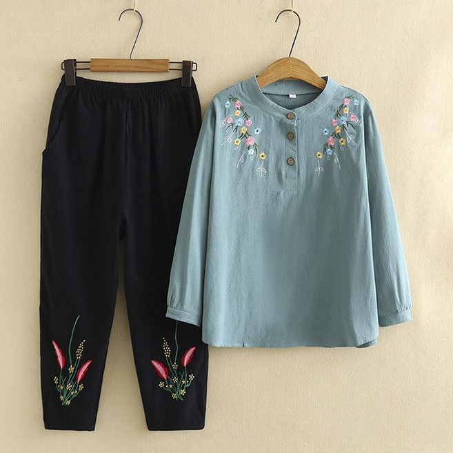 에쥬아 중년여성 면마 투피스 실내복 자수 긴팔티+바지 세트