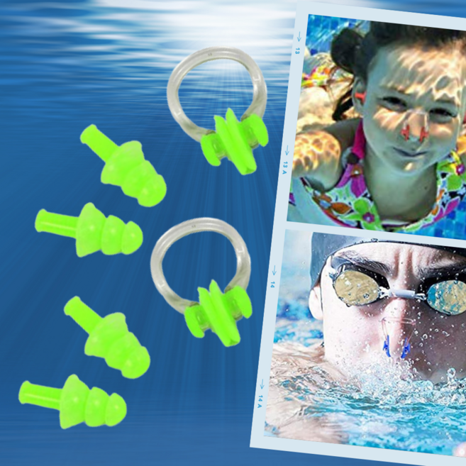 올위듀 수영 다이빙 실리콘 귀마개 코마개 케이스 세트, 2세트, 그린