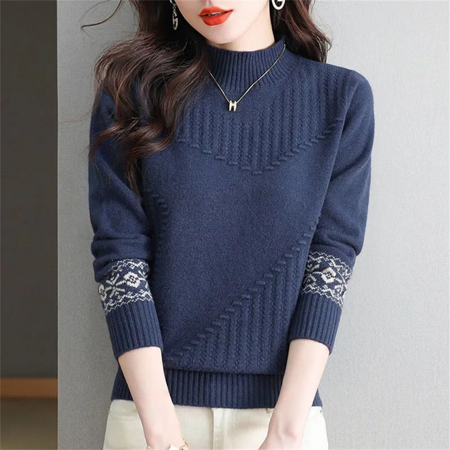 TKX 반목니트 여성 데일리 기본 고급 패턴 터틀넥 스웨터 캐시미어 배색 캐주얼 KN89