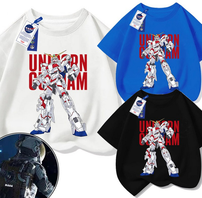 유니콘 건담 슈퍼파워 반팔티 130-150 키즈 로보트 옷 RX-0 프라모델 그래픽 티셔츠