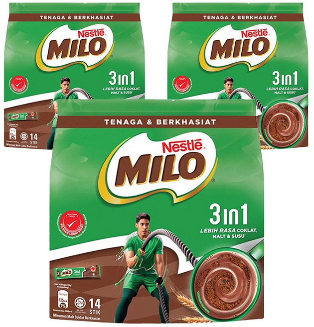 MILO 3 인 1 밀크초콜릿 코코아 파우더, 33g, 14개입, 3개