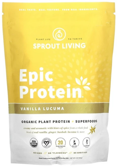 스프라우트 리빙 Epic 프로틴 유기농 식물성 단백질 플러스 슈퍼 푸드 바닐라 루쿠마 456g (1lb), 1개 - 쿠팡