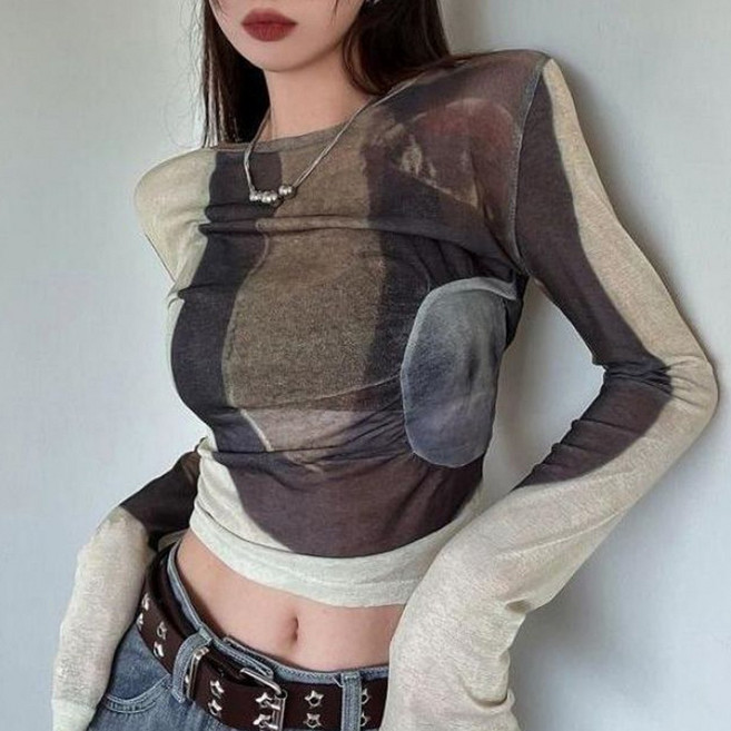 cammello Y2K 앱스트랙트 시스루 긴팔 티셔츠