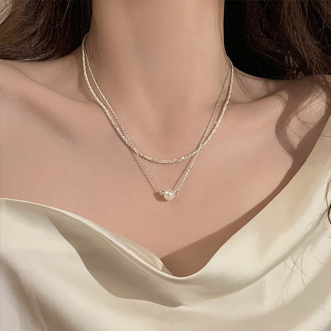 여성 실버 샤이닝 체인 두줄 진주 목걸이 A1163
