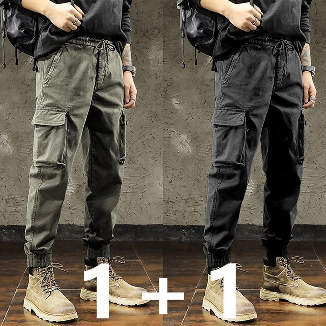 BIKASU 남성 빅사이즈 카고바지 조거 팬츠 캐주얼 와이드 밴딩 멀티 포켓 바지 1+1