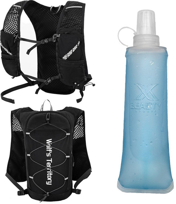 엑스뷰티 경량 러닝조끼 14종 러닝 베스트 마라톤 가방 스포츠백팩 + 소프트플라스크500ml 러닝 물병 등산 물통, 울프 블랙, 1개, 울프블랙