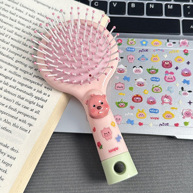 Loopy 可愛卡通氣墊梳，便攜順髮按摩梳, 1個, YT-粉色海狸頭+貼紙