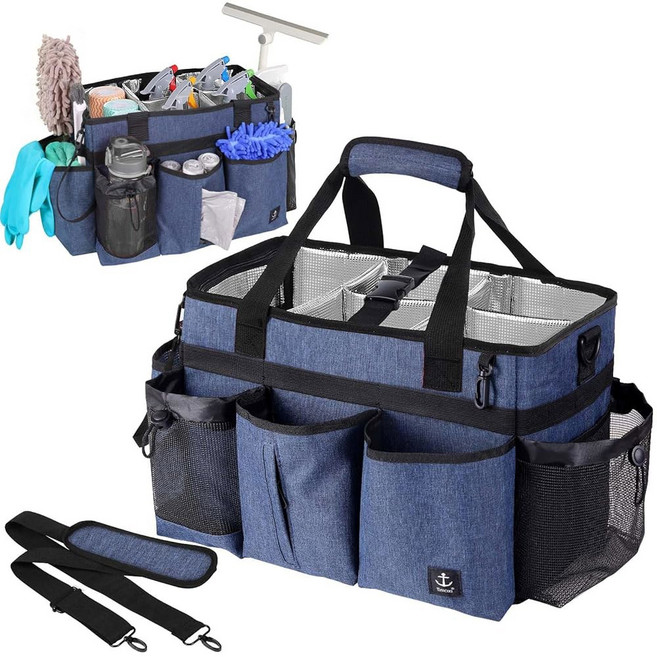 티목시 대형 청소 캐디백 핑크색 튼튼한 지지 보드 분리형 칸막이가 있는 정리함 조절 가능한 어깨 끈 및 가정부용 허리 벨트가 용품 토트, Blue, 1개