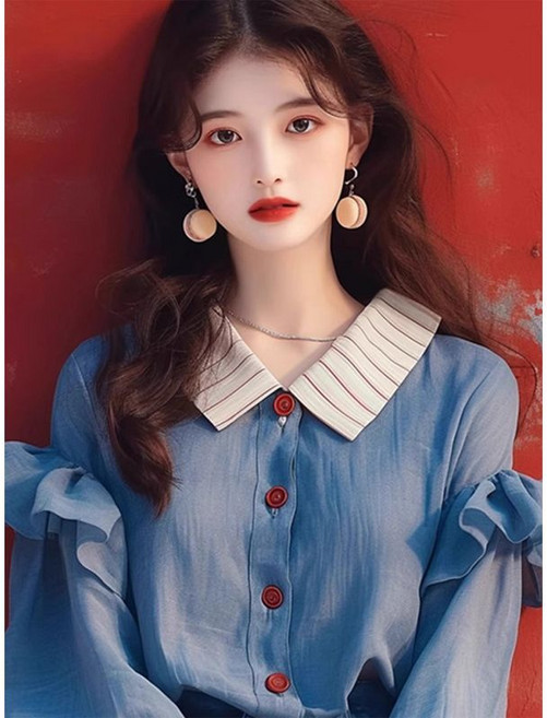 PETITBATH 긴팔 프릴 유니크 시크 톱 블루 셔츠