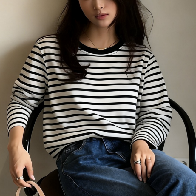 민든 여성 봄 긴팔 티 스트라이프 데일리 라운드 티셔츠