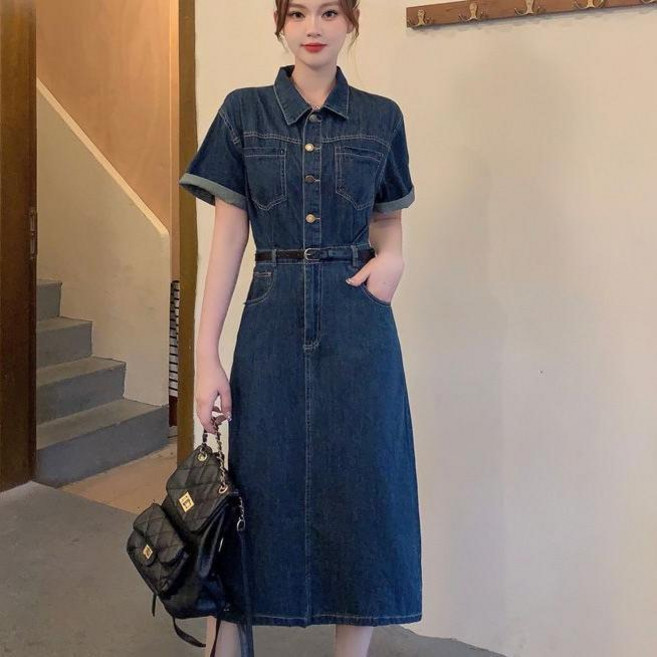 大碼女裝牛仔連衣裙微胖女生遮肚顯瘦裙子 副廠產品, 復古藍長款  贈送腰帶 ,M 101-119, 復古藍, 長款