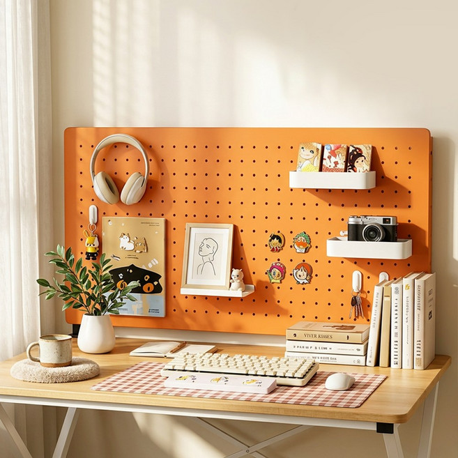 다용도 철제 타공판 수납장 수직형 책상 오거나이저 인테리어 높이 조절 선반 10종 세트, 1단, 오렌지 스탠딩