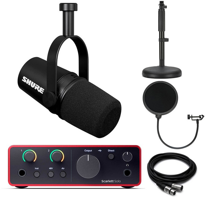 SHURE 슈어 MV7X 녹음 마이크 포커스라이트 스칼렛 솔로 4세대 오디오 인터페이스 RODE DS1 스탠드 케이블