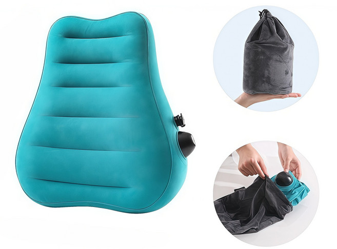 POMTOR 휴대용 공기 주입 허리 쿠션 비행기 여행 차량용 허리받침 장시간 좌석 등받침 베개, 블루