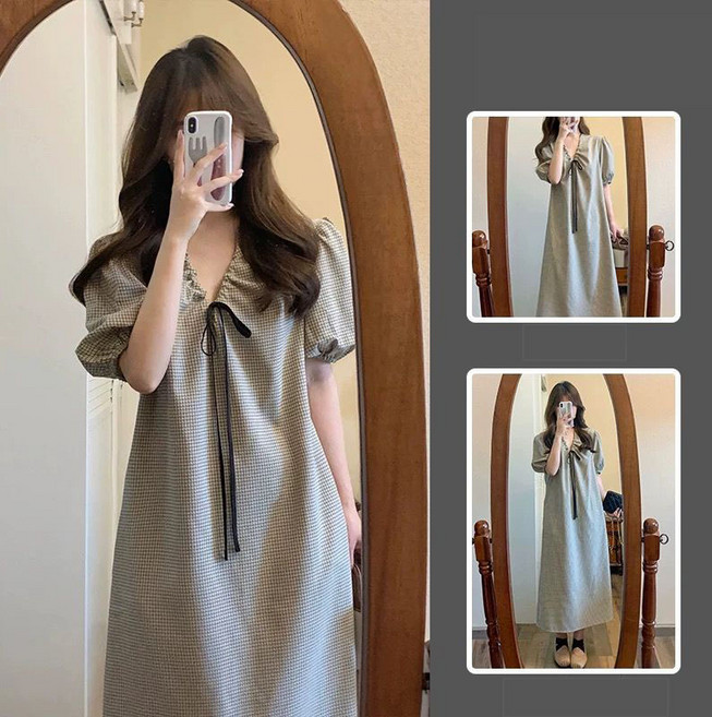 임산부 여름 원피스 캐주얼 반팔 임부복 루즈핏 퍼프 소매 브이넥 임부 원피스 CY